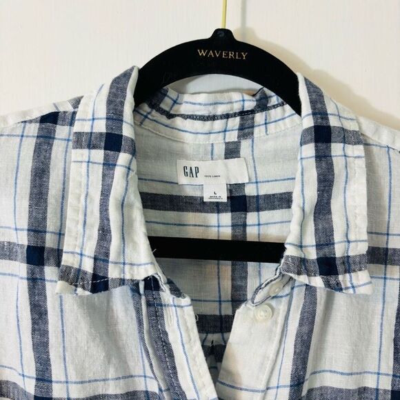 GAP 100% Linen L black, white, blue plaid button front pocket shirt - Picture 2 of 7